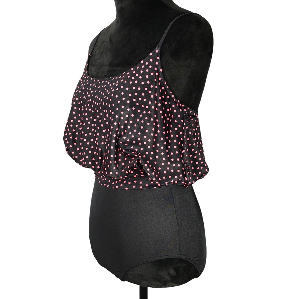 Sirena Black One Piece Swimsuit Pink Polka Dots Blouson Loose Top Size 8